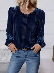 EMERY ROSE 女士休闲圆领长袖 T 恤 - 藍色 - 查看 5