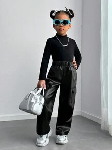 Young Girl Plain Color Elastic Waist PU Leather Utility Pockets Loose Casual Pants - Black - View 3