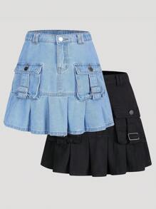 SHEIN Explorewe Tween Girl Summer Casual Denim Ruched Mini Skirt