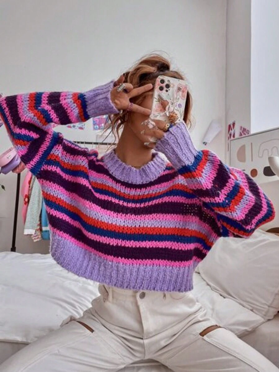 INAWLY Women's Casual Colorblock Striped Cropped Sweater, Spring Autumn