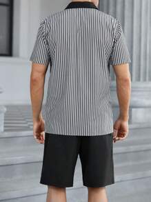 Manfinity Homme Men's Solid Color Patchwork Front Button Short Sleeve Shirt And Shorts Set - Black and White - View 3