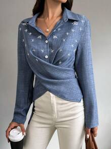 SHEIN Clasi 女士刺绣装饰简约日常扭纹设计长袖女式衬衫