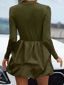 Chiquease 女式纯色圆领长袖褶饰花卉中长连衣裙，春夏 - 軍綠色 - 查看 2