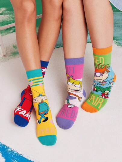 Nick 90s | SHEIN 2 件套女式 90 年代不对称卡通图案中筒袜