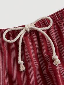 SHEIN MOD Plus Size Versatile Casual Simple Cotton Rope Tie Waist Red Striped Wide Leg Pants - Red - View 6