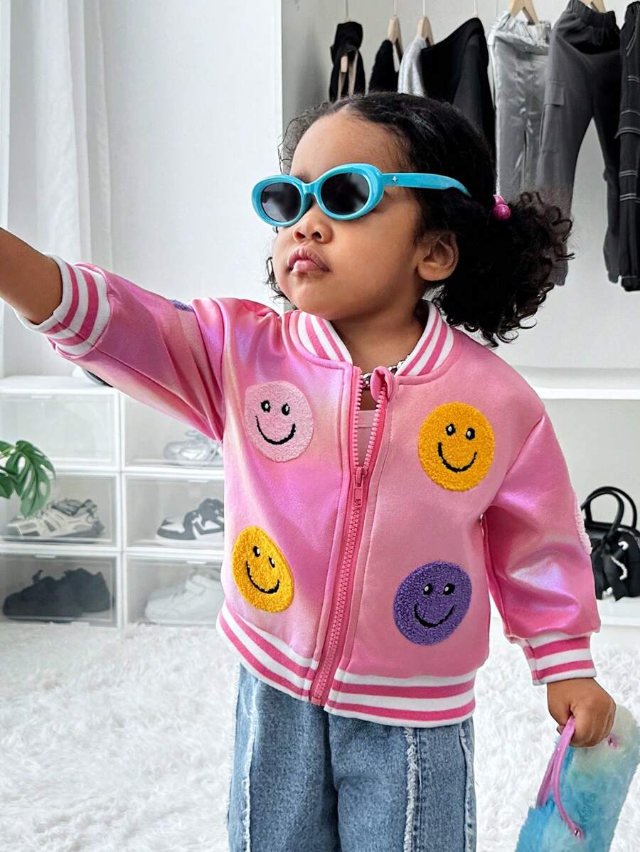 SHEIN Explorewe Chaqueta de manga larga con cara sonriente bordada para bebés niñas, otoño/invierno - Rosa - Ver 1
