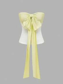Sweetra Women's Colorblock Bow Decor Bandeau Casual Top