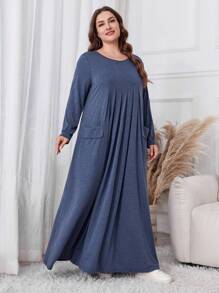 Lacomfia 大码女式休闲超长连衣裙，春秋季长款女装 - 藍色 - 查看 6