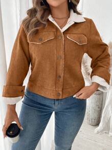 Flirla 大码女式秋冬毛绒衬里灯芯绒飞行员夹克