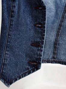 SHEIN Essnce 女式春夏单排扣 V 领休闲牛仔夹克 - 深色水洗藍 - 查看 4