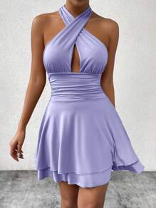 Allurite 纯色挂脖褶皱简约休闲短款露背迷你连衣裙 - 淡紫色 - 查看 6