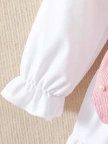 Elladie kids 3pcs/Set Young Girl Elegant Outfit - Collared Solid Shirt Dress And Beaded Vest And Beaded Sling Bag, Spring/Fall - Pink - View 4