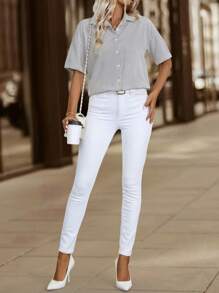 EMERY ROSE Áo sơ mi cổ bẻ cài nút phía trước tay ngắn thường ngày - Nhiều màu - Xem 3