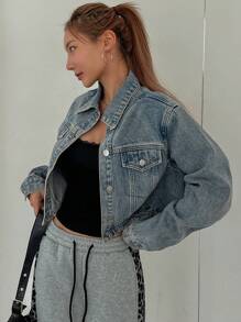 DAZY 女士短腰收腰牛仔夹克 - 中等水洗藍 - 查看 7