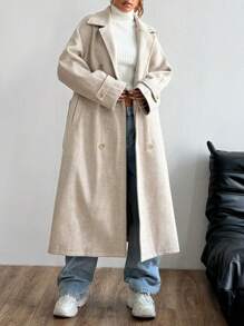 SHEIN Unity 女士纯色缺口领双排扣长款休闲针织外套，秋冬，女士冬季休闲腰带，双纽扣，口袋常规袖翻领宽松杏色纯色女式大衣，休闲日常穿着 - 杏色 - 查看 5