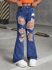 SHEIN Tween Girl Y2K Solid Washed Ripped Flared Denim Jeans, Girls Fall Clothes Back To School Streetwear Outfits - Medium Wash - View 5