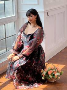 Lyrianda Plus-Size Elegant Floral Print Long Sleeve Dress, Spring & Fall