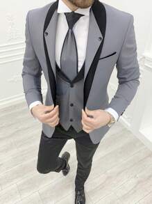 Manfinity Mode 2pcs Men's Casual Contrast Color Lapel Collar Long Sleeve Blazer Jacket And Pants Set, Spring Autumn,Gifts For Boyfriend - Grey - View 1