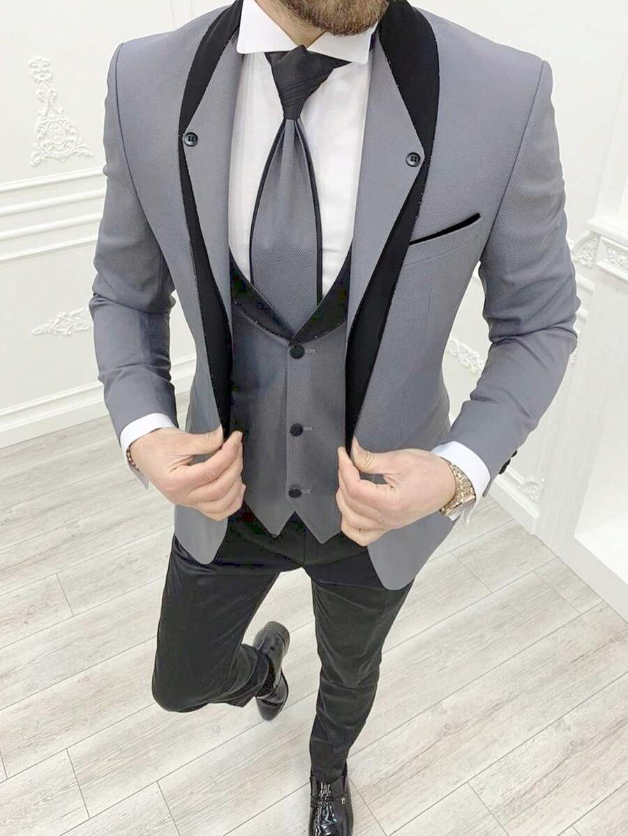 Manfinity Mode 2pcs Men's Casual Contrast Color Lapel Collar Long Sleeve Blazer Jacket And Pants Set, Spring Autumn,Gifts For Boyfriend - Grey - View 1