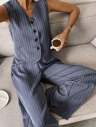 Siren Gaze Women's Single-Breasted Striped V-Neck Vest And Wide-Leg Loose Trousers 2-Piece Set Commuting Elegant Trousers And Vest Suit Fall Women Clothes Black Two Pieces Set Summer