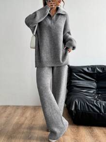 Flirla 2pcs Women's Solid Color Drop Shoulder Long Sleeve Zipper Mock Neck Loose Casual Sweater And Long Pants Set, Autumn & Winter Fall Cloth For Women - Grey - View 3
