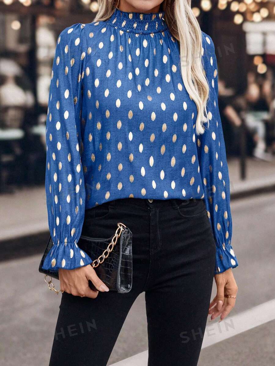 SHEIN LUNE Camisa con cuello alto y estampado de lámina casual para mujer, primavera otoño