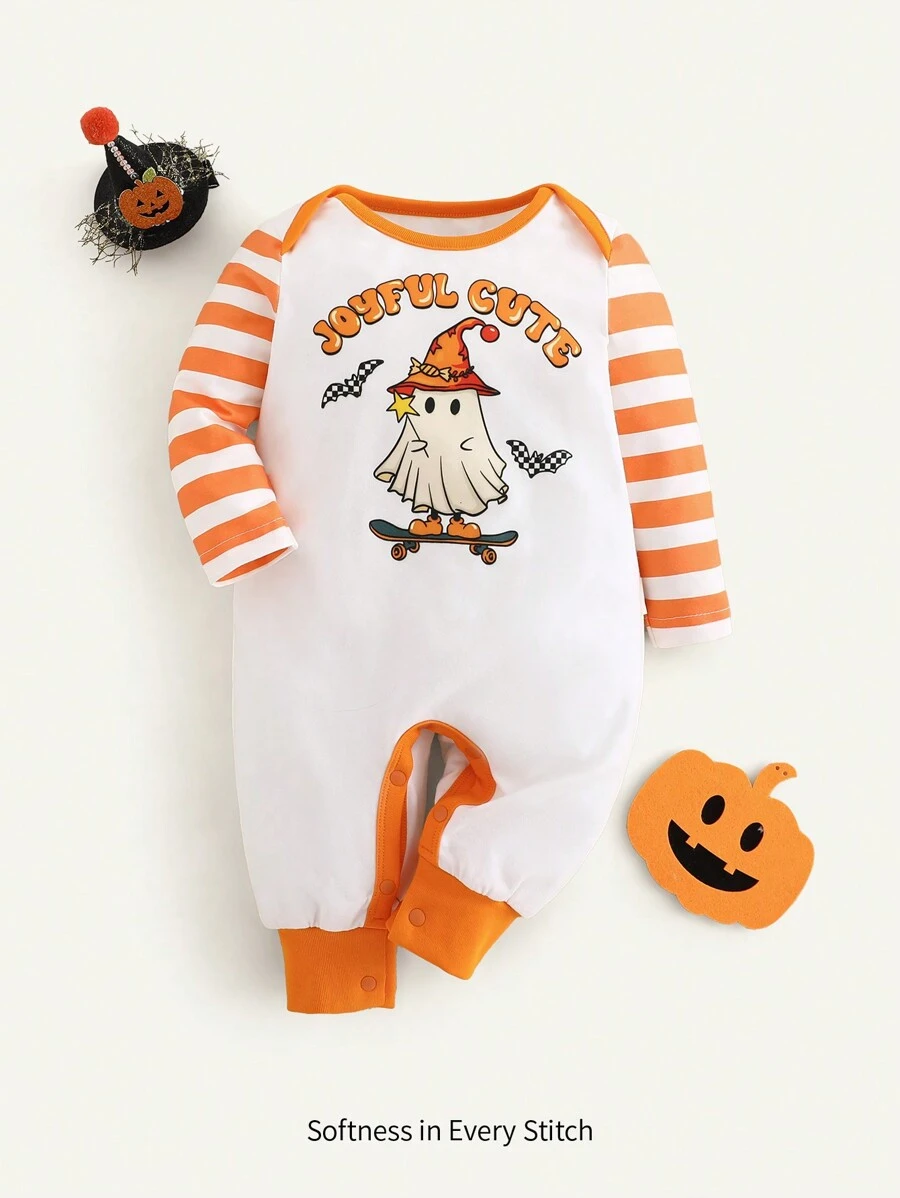 Cozy Pixies Enterizo de fantasma de color block con mangas raglán para bebé recién nacido niño en Halloween - Naranja - Ver 1