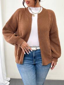 SHEIN LUNE Plus Size Plain Front Zip Long Sleeve Minimalist Casual Top - Khaki - View 5