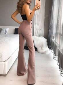 Pantalon de bureau élégant pour dames avec double poche, bouton et fermeture éclair, de couleur unie et micro-cloche