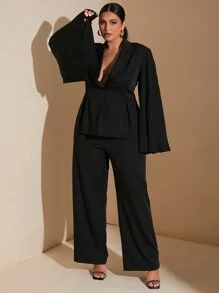 SHEIN BAE Traje de chaqueta y pantalones de pernera ancha elegantes para viajes de negocios, talla grande, con chaqueta negra con solapa, manga acampanada y plisado en la cintura, y pantalones de vestir de dos piezas