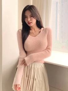 DAZY Women's V-Neck Open Shoulder Soft & Stretchy Fuzzy Bodycon Sweater,Fall Women Clothes - Pink - View 6