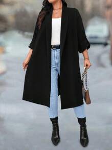 SHEIN LUNE Plus Size Solid Color Long Sleeve Casual Long Jacket - Black - View 6
