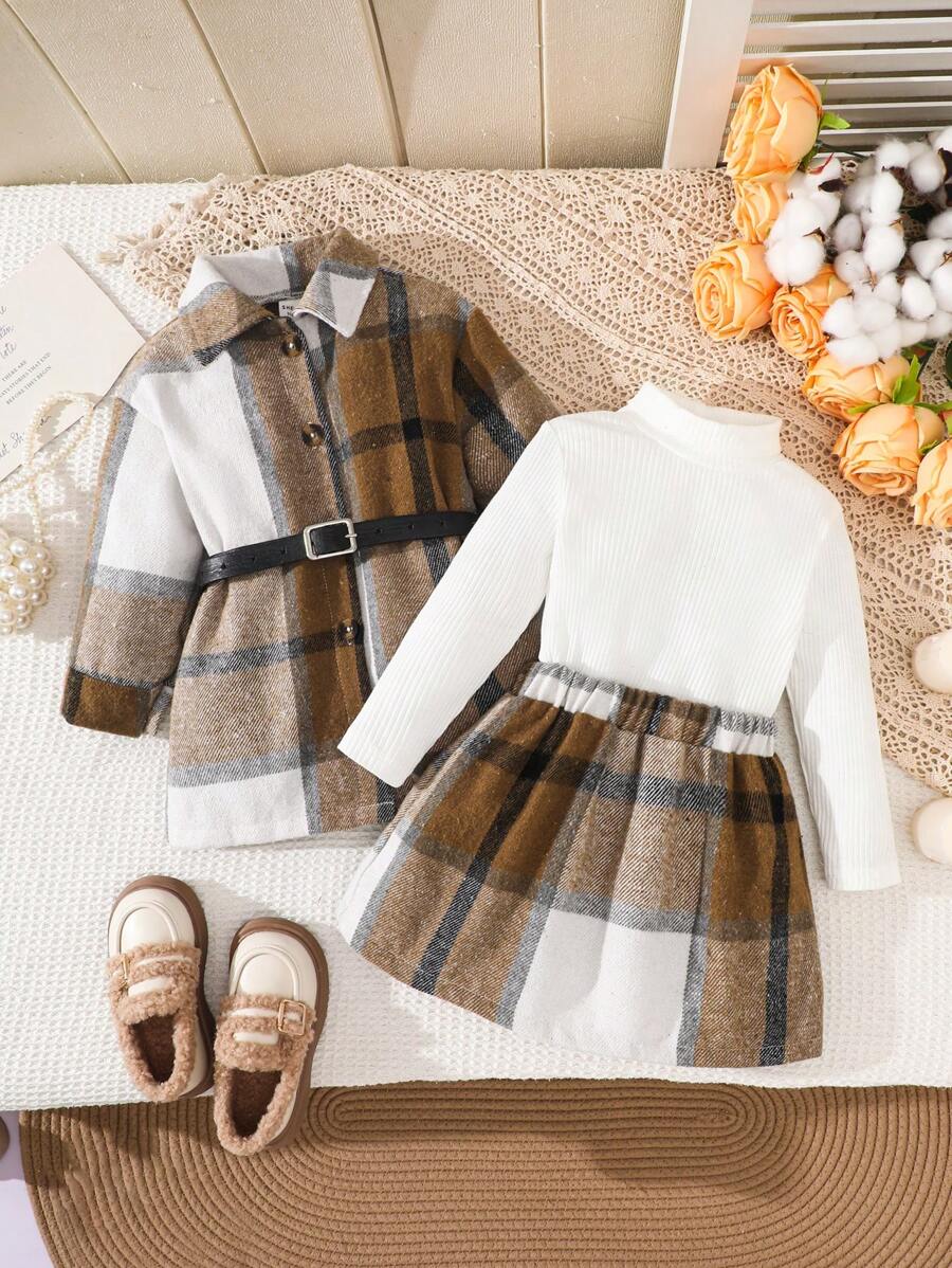 SHEIN Explorewe 女婴格子夹克、裙子和纯色长袖上衣三件套服装，秋冬 - 卡其色 - 查看 1