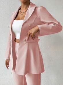 Chiquease Traje informal de oficina con blazer de doble botonadura de manga larga y pantalones de unicolor para mujer, apto para primavera y otoño - Rosa Pálido - Ver 3
