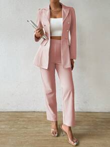 Chiquease Traje informal de oficina con blazer de doble botonadura de manga larga y pantalones de unicolor para mujer, apto para primavera y otoño - Rosa Pálido - Ver 5