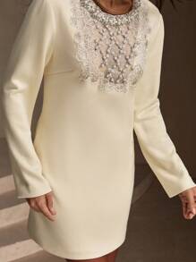 Anewsta Women's Fashionable Elegant Airy Knit Dress With Pearl And Rhinestone Decor