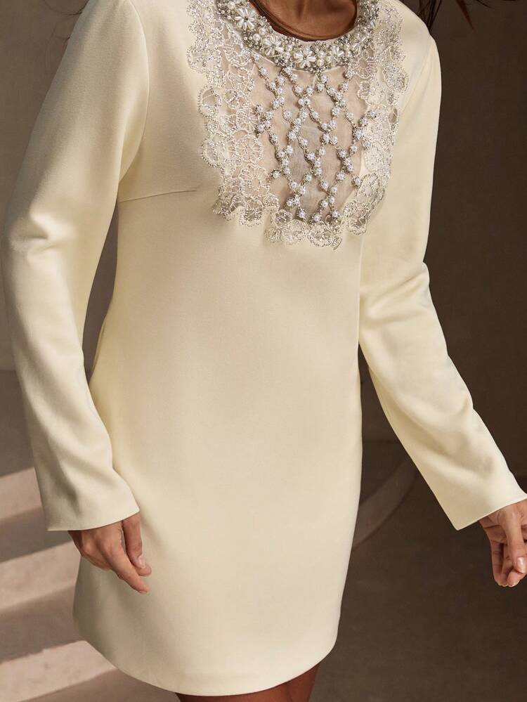Women's Fashionable Elegant Airy Knit Dress With Pearl And Rhinestone Decor