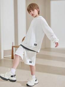 SHEIN Tween Boy Letter Patched Detail Hoodie & Shorts - White - View 7