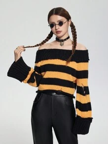 SHEIN Explorewe 1 件青少年女孩宽松圆领露肩两用针织毛衣，卷边喇叭袖口和破洞细节，橙色/黑色万圣节撞色，适合秋冬季，哥特式、时尚、标志性和街头风格，时尚短款宽松剪裁，非常适合休闲、旅行、聚会和派对场合 - 黑色 - 查看 6