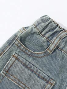 SHEIN Celana Kargo Denim Lurus Warna Biru Muda dengan Banyak Kantong, Sobek, dan Banyak Saku, Gaya Streetwear Vintage untuk Anak Perempuan, Cocok untuk Sekolah, Kampus, atau Perguruan Tinggi. - Light Wash - View 5