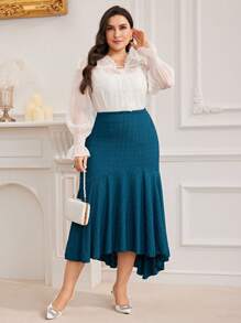 Modelyn Plus Size Bell Sleeve Solid Color Casual Blouse, Spring Autumn