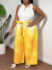 Slaydiva 大碼無袖漸層印花黃色連身裝，腰部綁帶和缺口領，女性夏季度假裝 - 黃色 - 查看 4