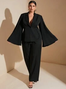 SHEIN BAE Traje de chaqueta y pantalones de pernera ancha elegantes para viajes de negocios, talla grande, con chaqueta negra con solapa, manga acampanada y plisado en la cintura, y pantalones de vestir de dos piezas
