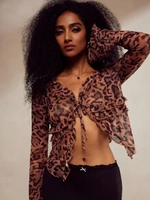 Forever 21 Modische Bluse mit Leoparden Muster und Netzstoff, Vorderbindung, für Frühling & Sommer