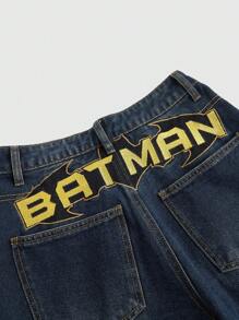 Batman X ROMWE Quần Jeans Boy Friend Rộng Ống Rộng Thêu Họa Tiết Màu Tương Phản Phong Cách Đường Phố Cổ Điển Trở Lại Trường - Màu xanh lam - Xem 3