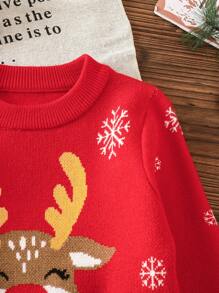SHEIN Baby Girls' Round Neck Deer Pattern Sweater, Suitable For Family Gatherings, Outings, And Christmas,In Fall/Winter