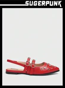 Sugerpunk Women's Red PU + Rhinestone Embellished Pointed Toe Flats - Red - View 1