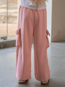Girls'Baby Pink Bow Cargo Pants,Summer Back-To-School Practical Pockets Leg Workwear Sweet Style Autumn/Winter Decorated With Large Bow Cool Pants - Baby Pink - View 2