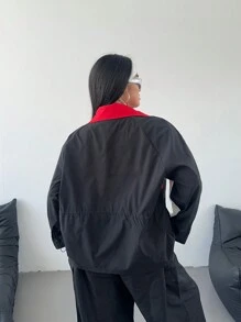 Flirla Chaqueta informal con contraste de color, cintura con cordón, talla grande, otoño