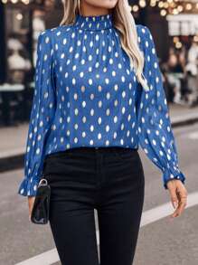 SHEIN LUNE Camisa con cuello alto y estampado de lámina casual para mujer, primavera otoño